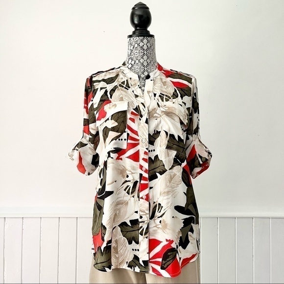 Calvin Klein Tropical Print Round Split Neck Roll Tab Long Sleeve Blouse Size M - Picture 16 of 16